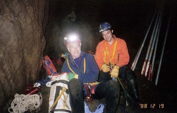 Tom (Author) and Peter Freeman at the bottom of Junior Berger, using scaling poles to try and get to a hole halfway down the pitch. Photo by Doug Henry